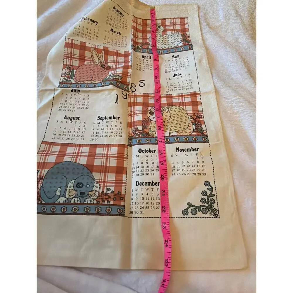Vintage 1985 Calendar Linen Tea Towel Helen Kish Folk Art Animals Rabbit Cat 80s